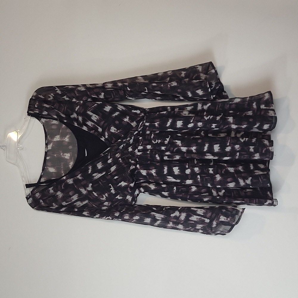 ABERCROMBIE & FITCH Black Brown Abstract Sheer Overlay Faux Wrap Dress
